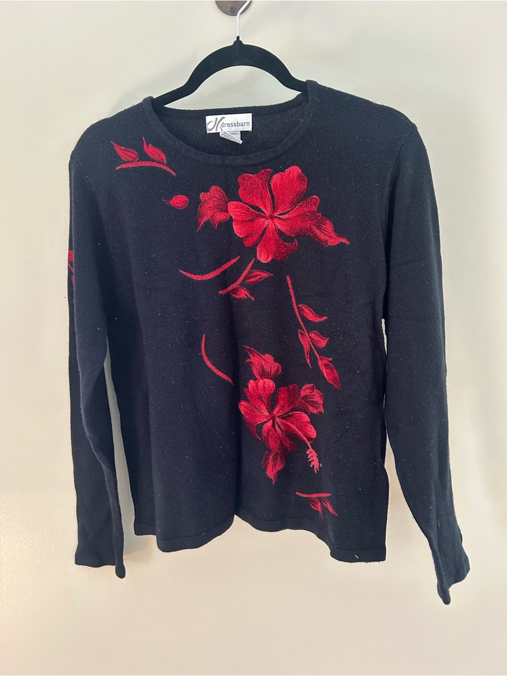 Dress Barn Black Sweater with Red Floral Embroidery